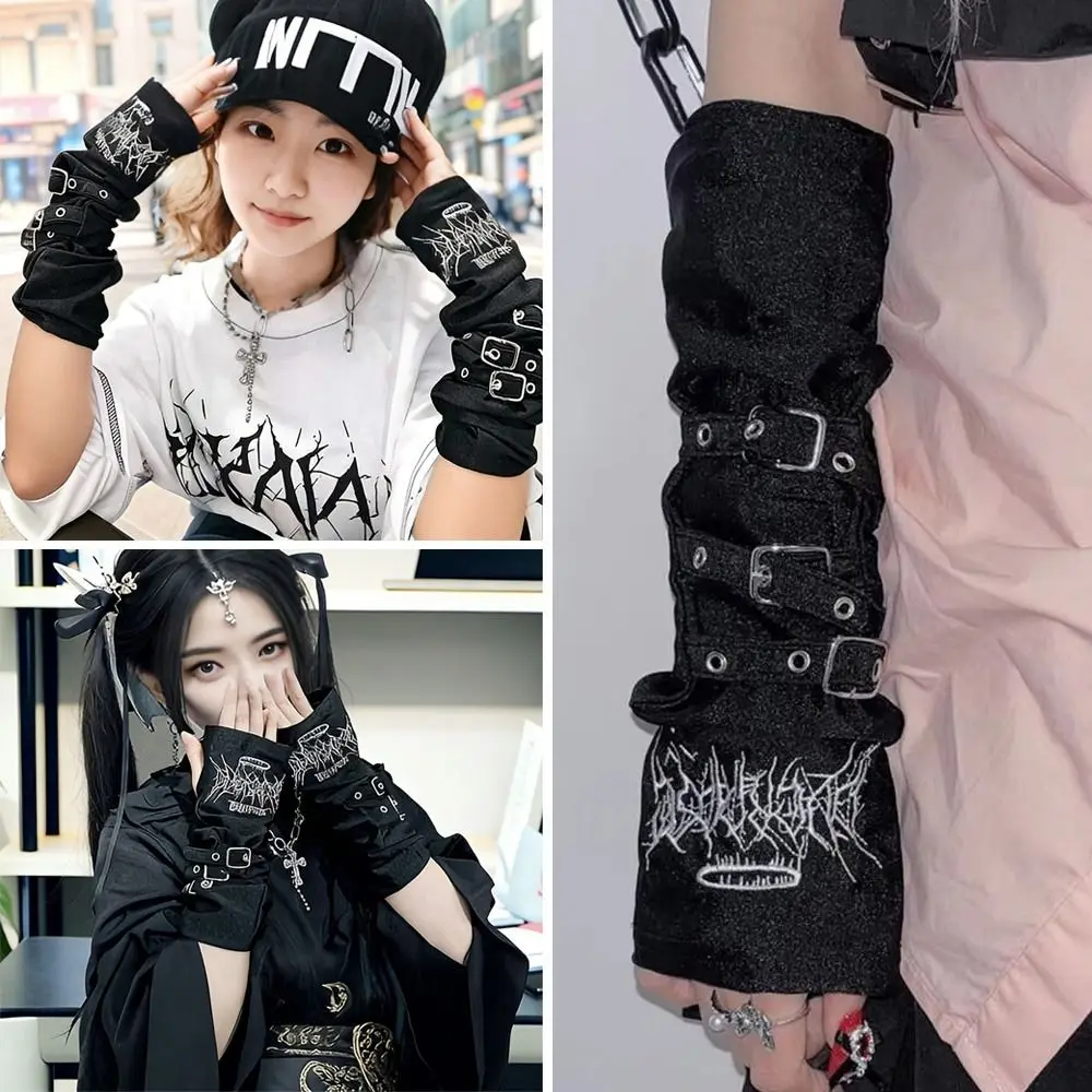 

Creative Metal Buckle Arm Sleeves Y2K Dark Punk Sunscreen Gloves Embroidery Japanese Half Finger Sleeves Women