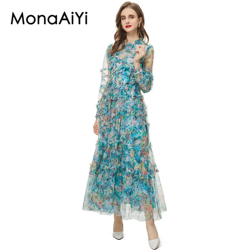 MonaAiYi New Fashion Runway Designer Women\'s Spring And Summer  Long Sleeved Wooden Ear Edge Printed Green Sheer Dress