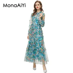 MonaAiYi New Fashion Runway Designer Women's Spring And Summer  Long Sleeved Wooden Ear Edge Printed Green Sheer Dress