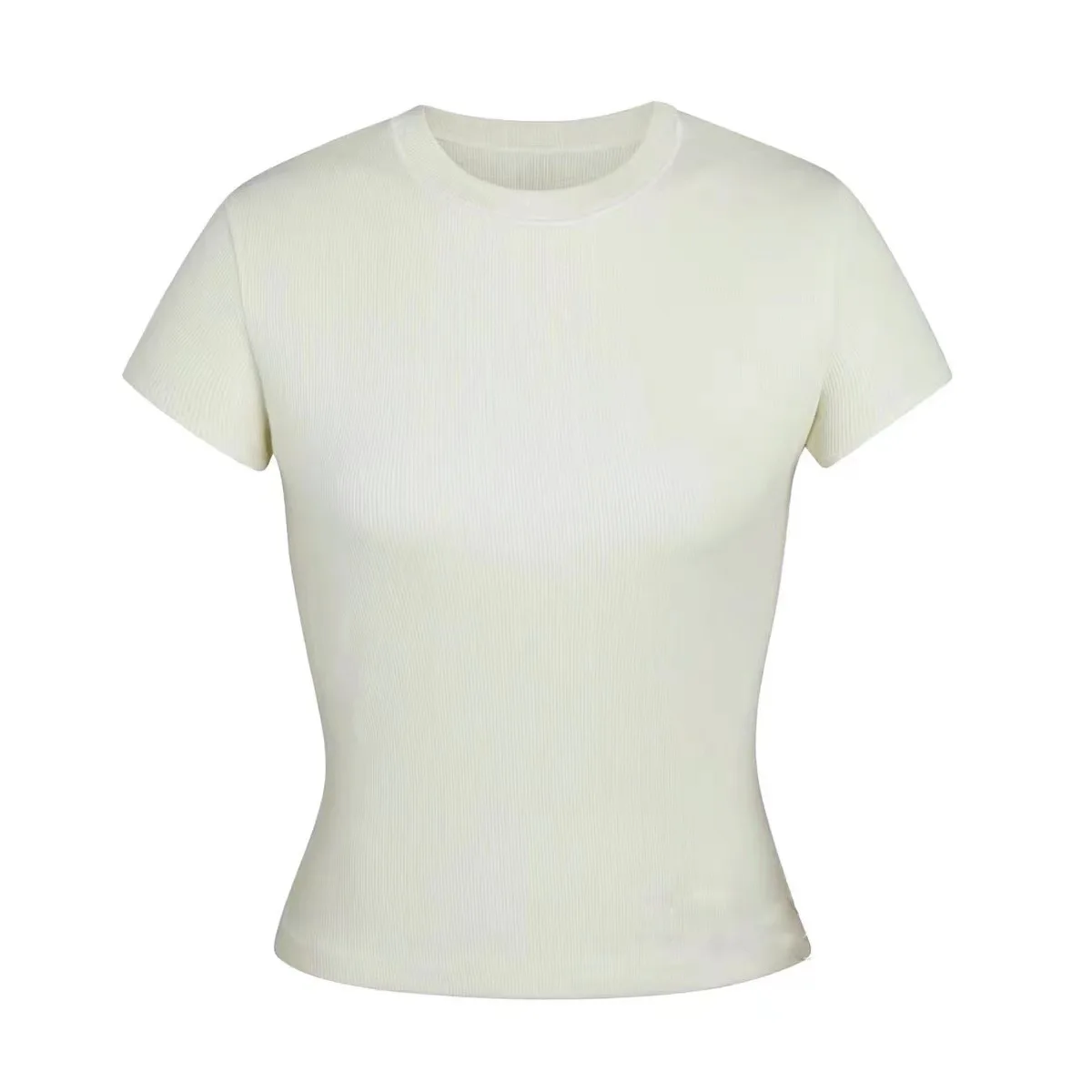 カーダシアンスタイル スリムフィット 半袖Tシャツ 伸縮性のあるリブ編みベースレイヤートップ レディース サマーファッション ラウンドネック ポリエステル混紡