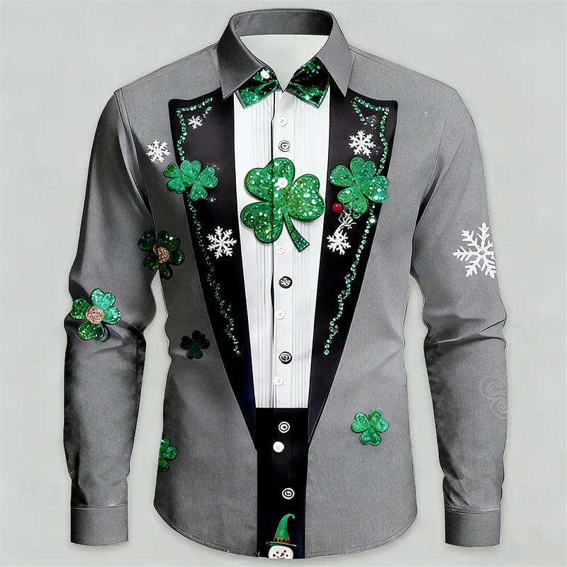 Men's long sleeved shirt 3D high-definition snowflake print Christmas tree pattern lapel button men's shirt top
