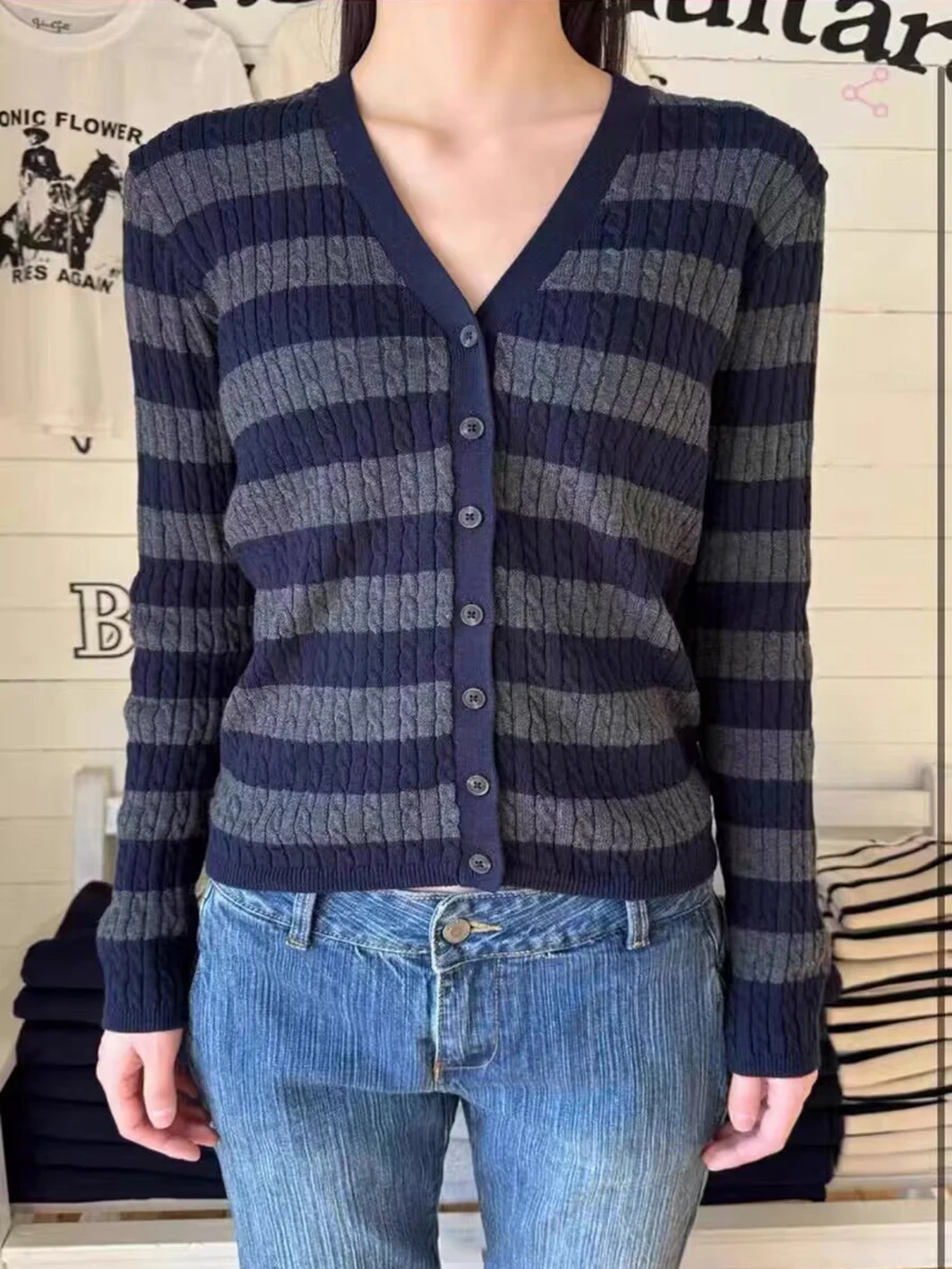 

Striped Twisted Cardigan Sweater Women V-neck Single Breasted Long Sleeve Knitwear Autumn Preppy Style Vintage Knit Outerwear