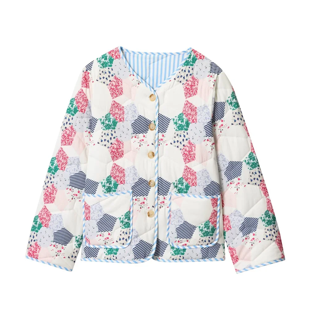 

BMURHMZA women's new loose and casual style single breasted pocket decoration printed long sleeved V-neck cotton jacket
