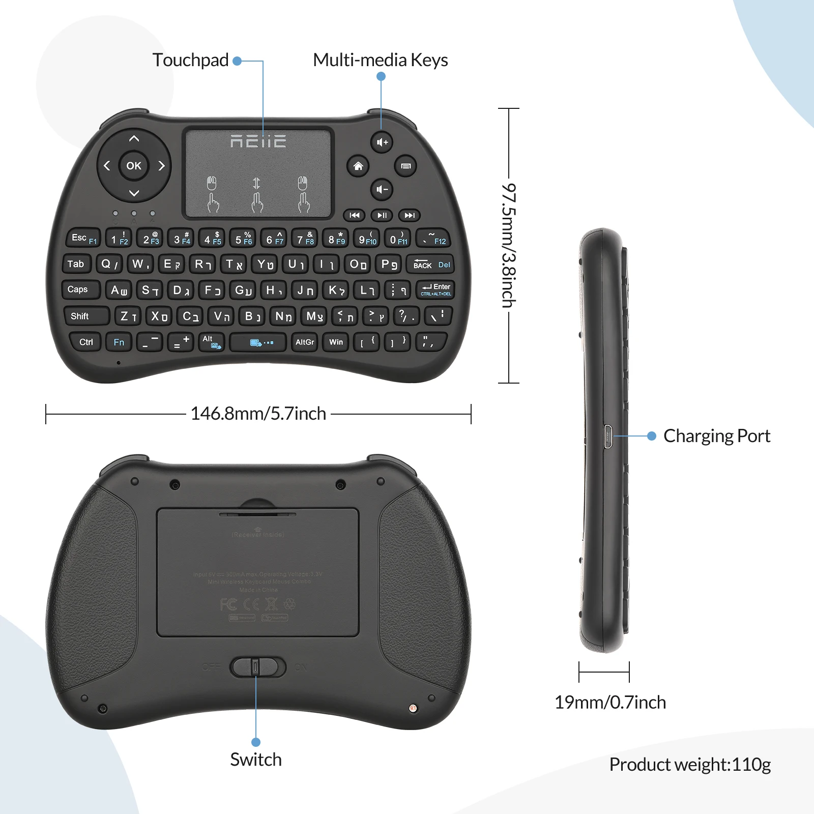 H9S Hebrew Mini Keyboard,2.4GHz Handheld Smart TV Remote Keyboard with Touchpad for PC Smart TV, Android TV Box, Windows 7 8 10