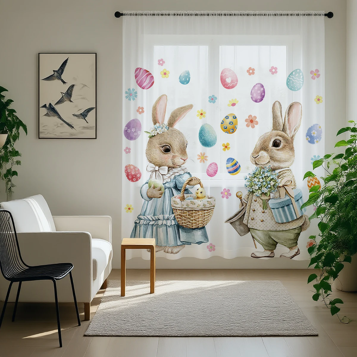 1PC Easter Bunny Sheer Curtain - Rabbit & Egg Pattern Pole Window Curtain for Spring Kids' Room Decor
