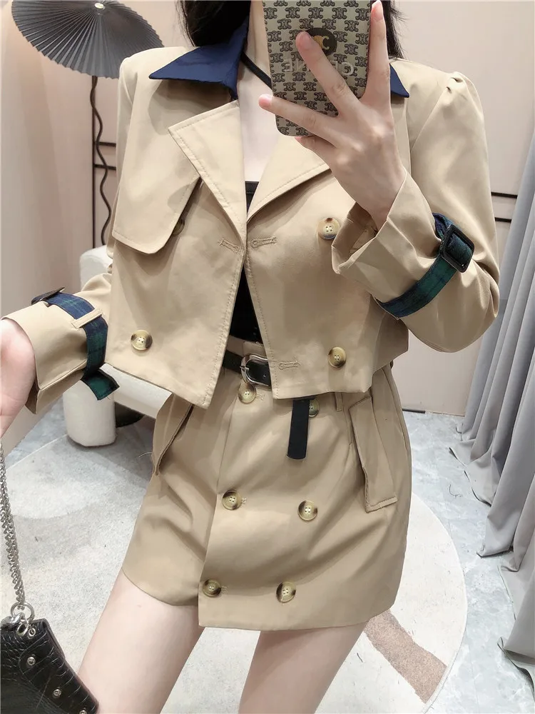 Fashion Casual Lapel Long Sleeve Khaki Blazer Jacket Short Retro Mini High Waist Double Breasted Skirt Suits Autumn Black Sets