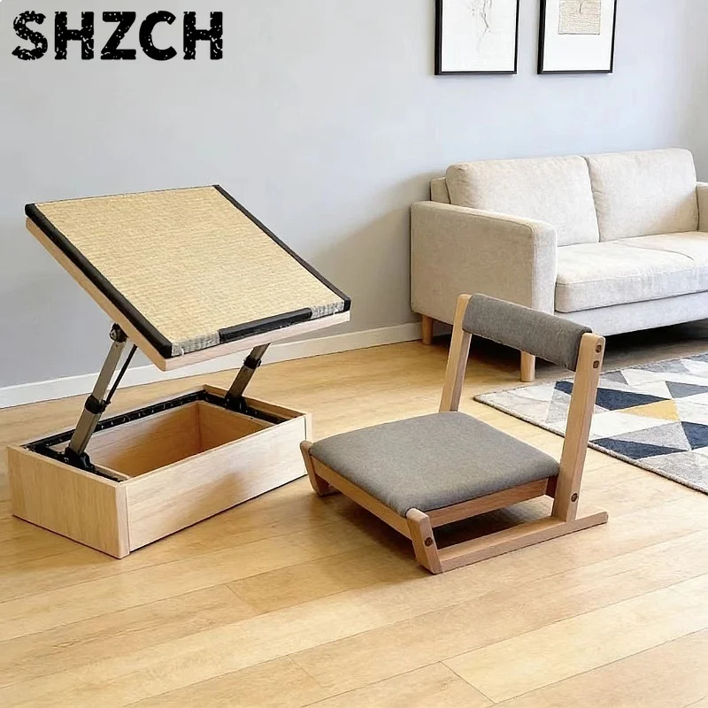 Japanese Solid Wood Tatami Backrest Chair Mortise Tenon Tea Stool Bay Window Kotatsu Lounge