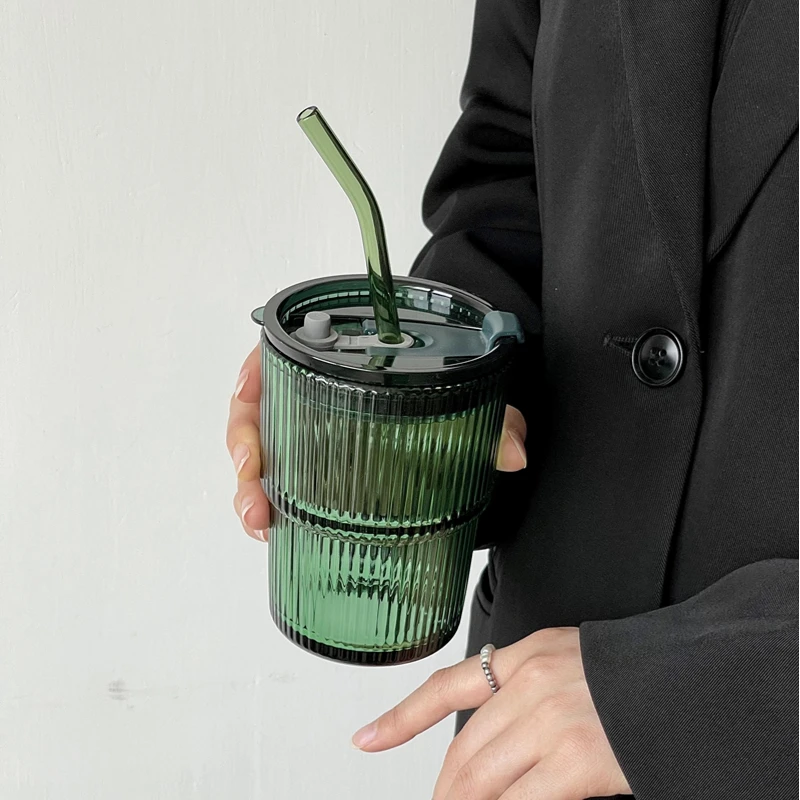 Green Retro Striped Straw Glass Portable Water Cup Juice Cup Coffee Cup Large Capacity Cup With Lid And Straw Office Home Tools