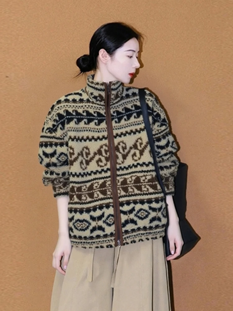 

Retro American Western Fce Jaet Women's Autumn Winter Lamb Velvet Warm Zipper Long Sve Open Cardigan Trendy Top