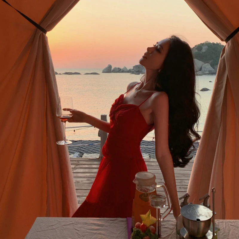 Czerwona Słodka Sukienka na Ramiączkach Damska Boho Wakacyjna Sukienka Szyfonowa Koreański Szyk Harajuku Falbanki Wysoki Stan Wyszczuplająca Sukienka na Cienkich Ramiączkach Vestidos