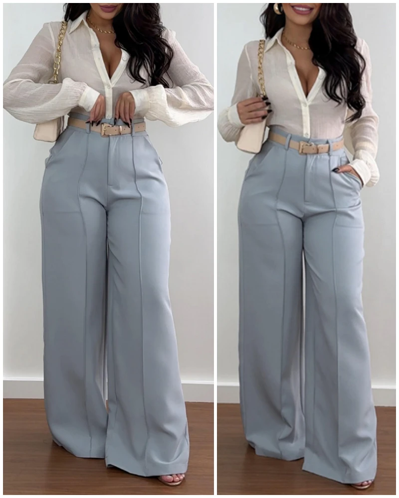 Women's Pants Elegant Work Outfit Trousers Autumn and Winter New Casual Trendy Solid Color Pocket High Waist Wide Leg Suit Pants