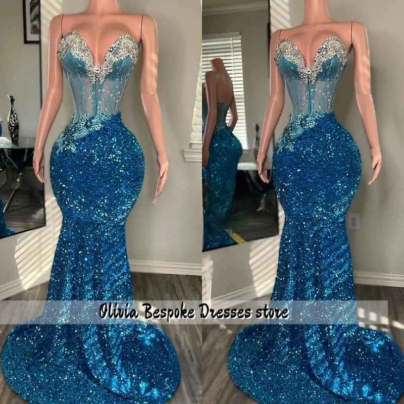 

Sparkly Sequin Prom Dresses Crystal Long Mermaid Party Dress African Girls Luxurious Evening Gowns Customized