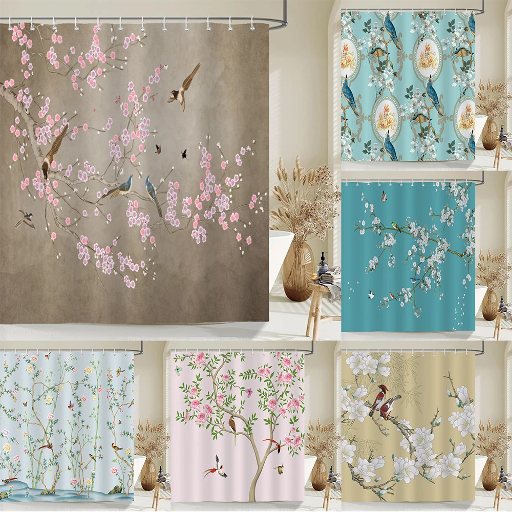 

Flower and bird Plants Shower Curtain Watercolor Print Nordic Minimalist Bathroom Curtain Waterproof Polyester Fabric with Hooks