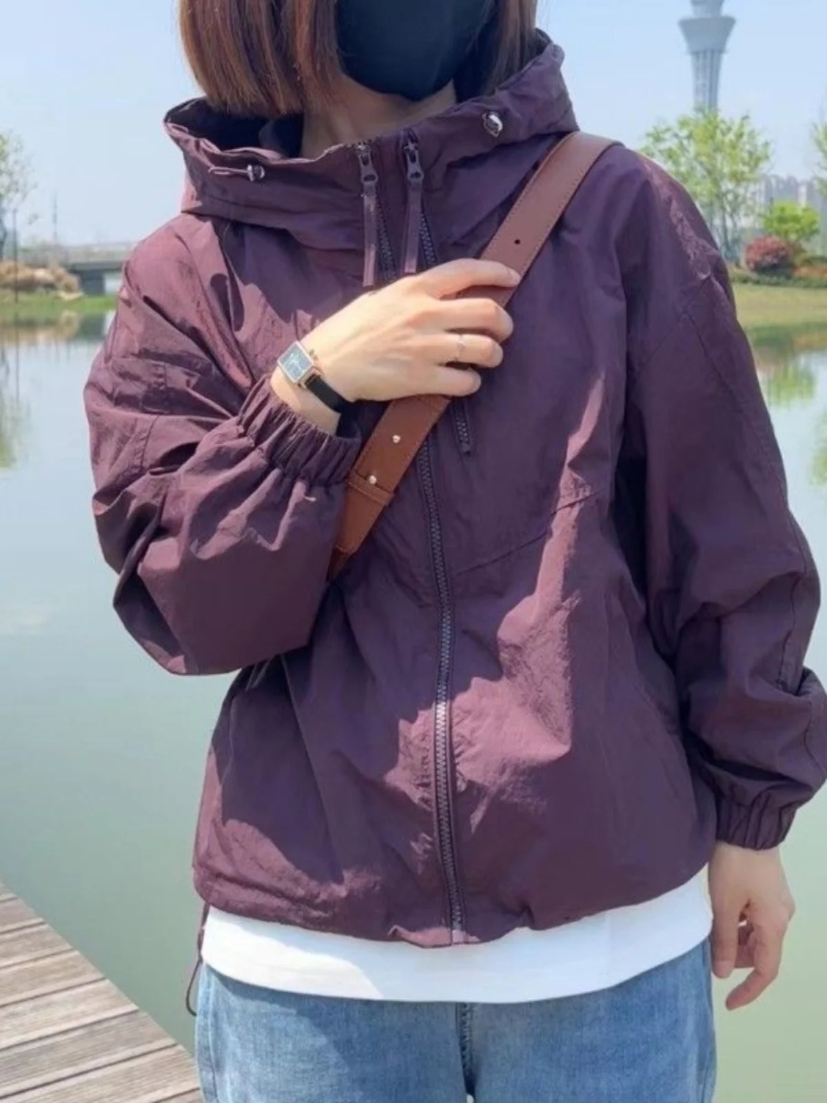 

Женское весенне-летнее тонкое бейсбольное платье, повседневное свободное пальто из полиэфирного волокна на молнии с капюшоном, универсальный топ