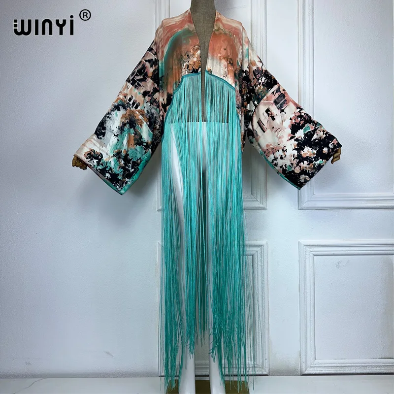 WINYI kimono boho fashion summer beachwear summer Classic print Bikini Cover-up Cardigan sexy Holiday long Sleeve tassels top
