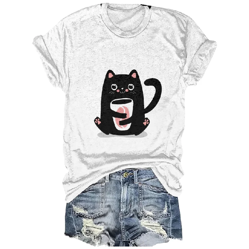 

Girls Japanese Style Kawaii Little Black Cat Pattern Shirt Women's Casual Simple Short Sleeved O Neck White T Shirt