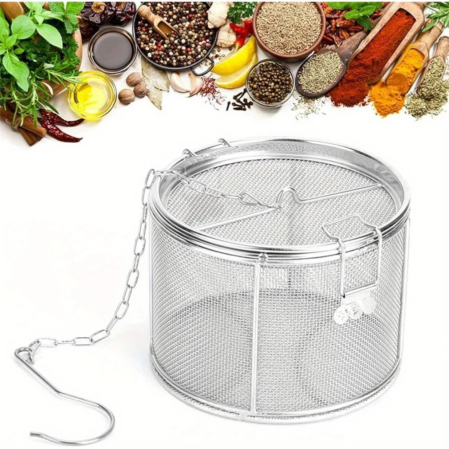 

Round hole 304 Stainless Steel Seasoning Bag Gravy Soup Taste Spice Box Basket Brine Hot Pot Slag Separation Colander Strainers