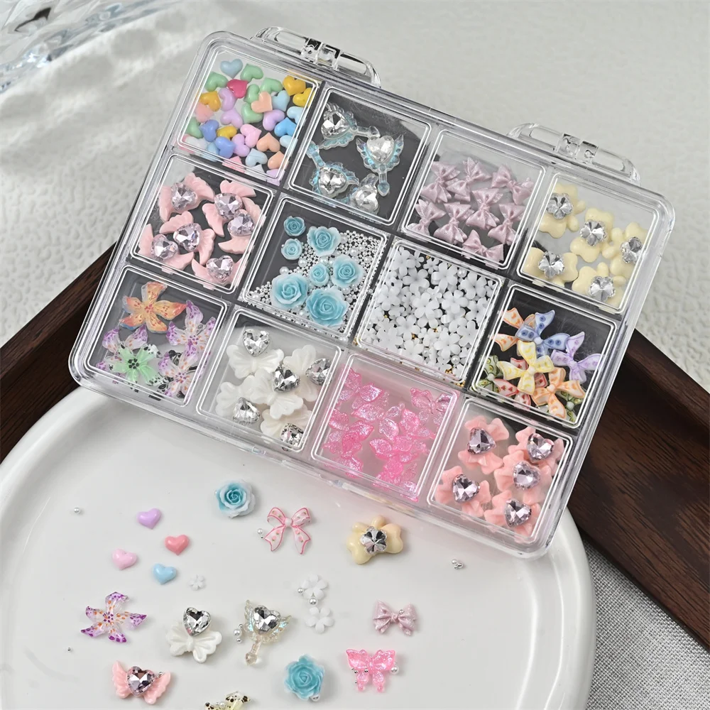12Grid/box Clear/Pink Crystal Heart Bow&Butterful Nail Charms 3D Kawaii Macaron Love Heart/Lily&Five Petal Flower Nail Art Decor