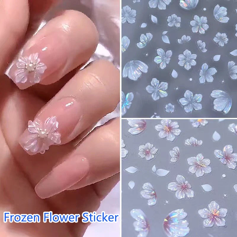 Frozen Five-petal Flower Nail Decals 5D Embossed Nail Art Stickers Hand Drawn Adhesive Stickers DIY Manicure Decoration