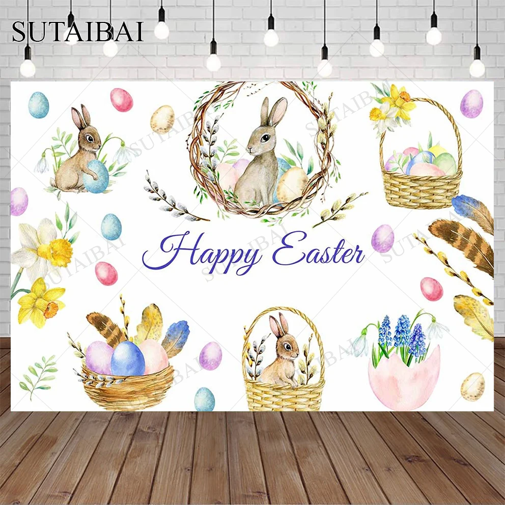 Easter Spring Background Colorful Eggs Holiday Baby Shower Feather Hunt Flowers Festival Portrait Photophone Backdrop Decoration