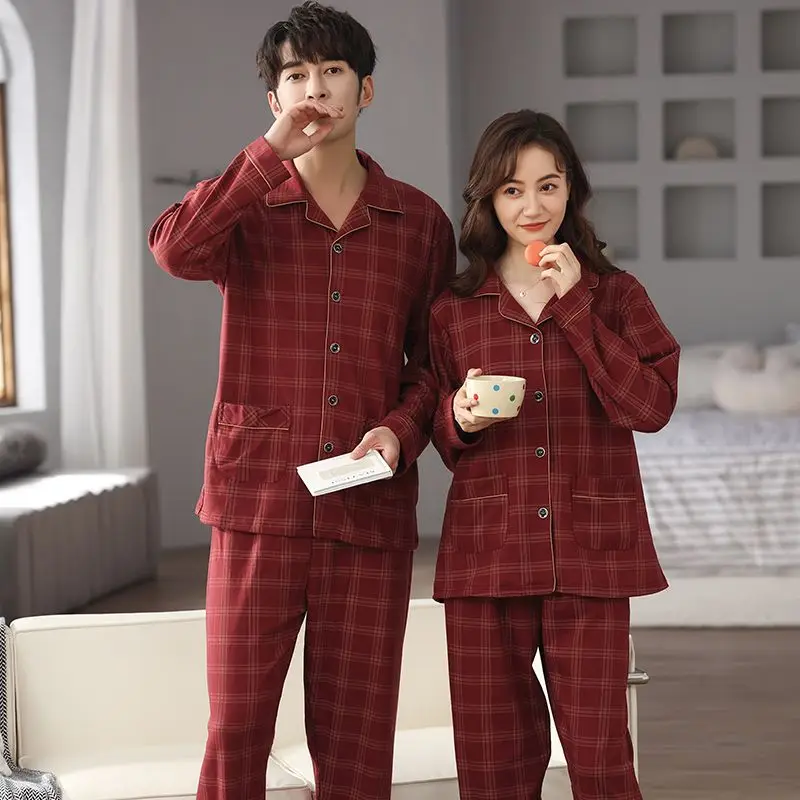 

2025 Autumn Plus Size Couple Long Sleeve Cotton Pajama Sets for Women Korean Loose Sleepwear Pyjama Men Homewear Home Clothes