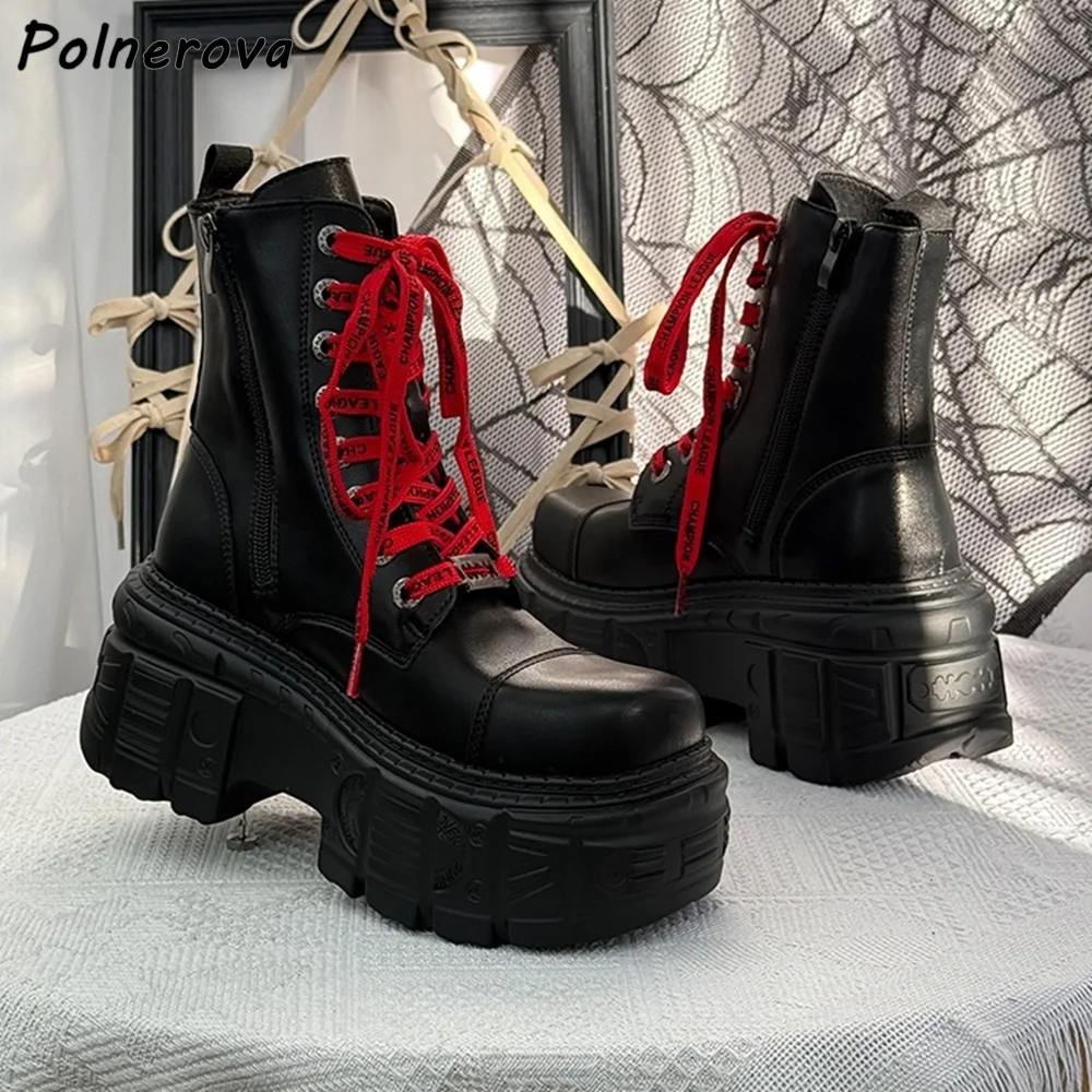 

Черные, красные ботильоны с граффити, женская крутая зимняя обувь на платформе с перекрестной завязкой на шнуровке, кожаная обувь в темном стиле в стиле панк с высоким увеличением