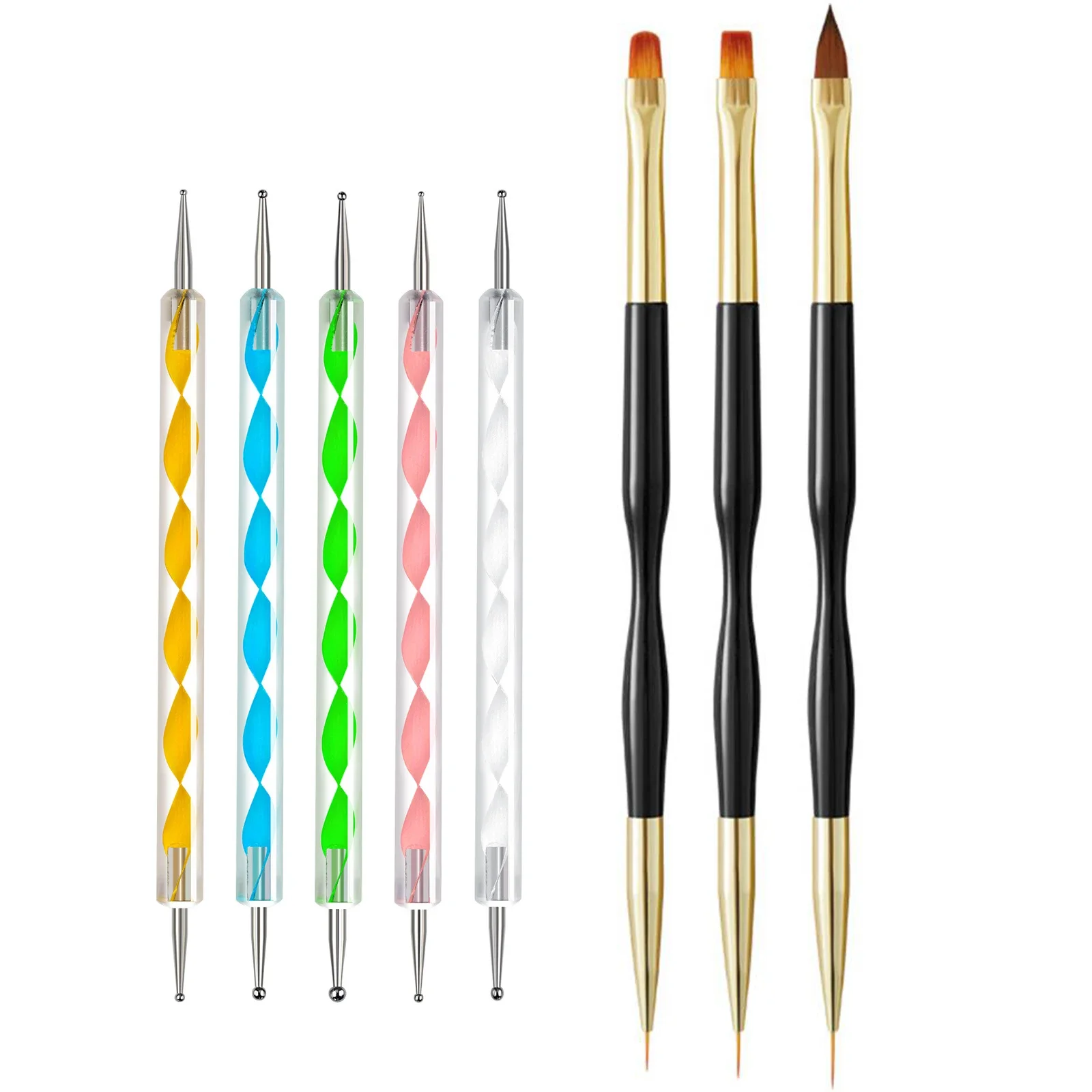 

【Набор из 8 профессиональных кистей для нейл-арта】Включает 5 двусторонних точечных ручек + 3 двусторонних кистей для росписи ногтей.