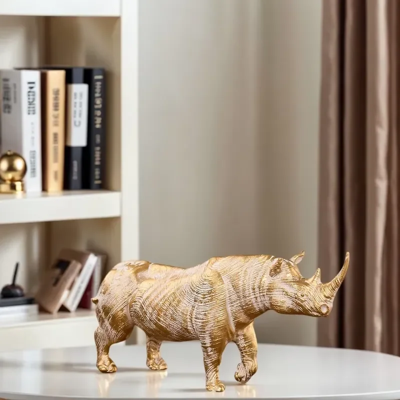 Home Decoration Light Gold Rhinoceros Resin Animal-Themed Ornaments Modern Simple Living Room Office Desktop Crafts