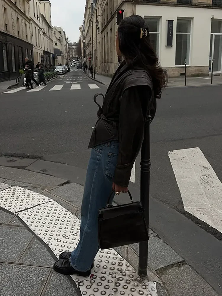 2025 mode femmes Vintage Faux cuir veste col en V à manches longues chaud court à lacets manteaux automne femme haute rue vêtements d'extérieur