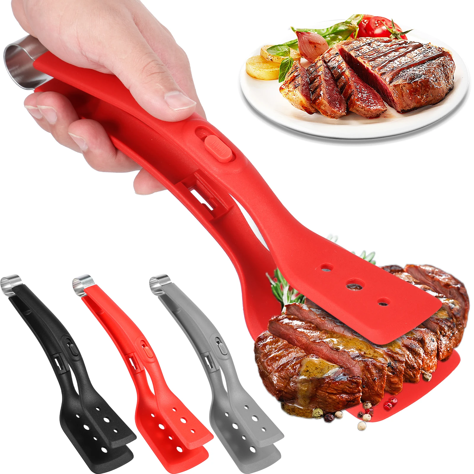 

3Pcs Steak Clamp 12 Inch Silicone Kitchen Tongs Steak Spatula 2 in 1 Adjustable BBQ Spatula and Clamp Multipurpose Kitchen Tool