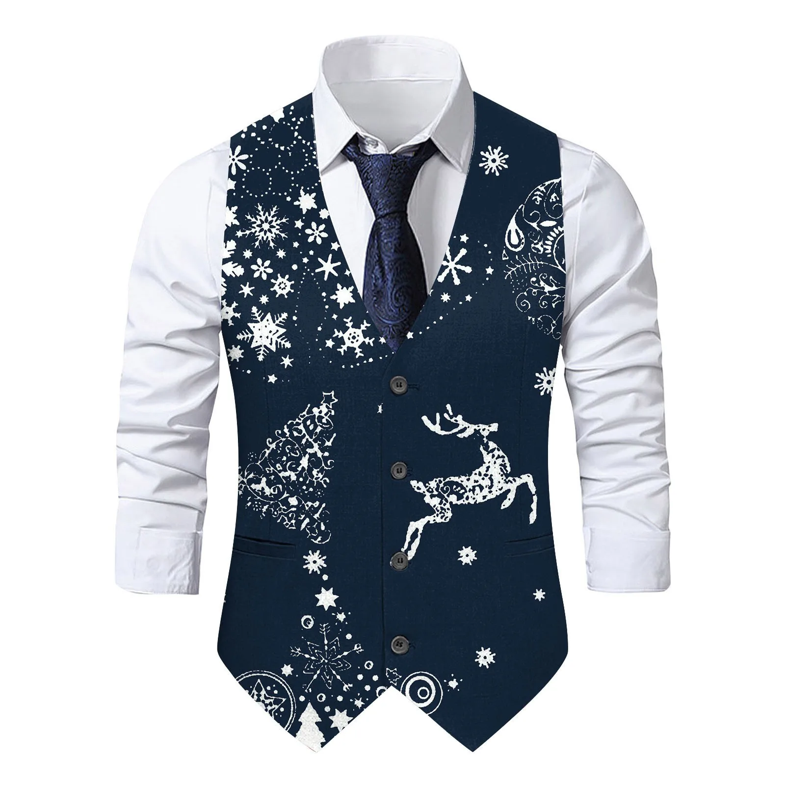 Christmas Snowflakes Printed Pocket Vest Jacket Single Breasted Sleeveless V Neck Blazer Winter Slim Fit Suit Vest for Men