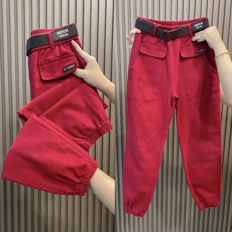 

Осенние женские брюки, новые эластичные свободные повседневные брюки с высокой талией, универсальные свободные прямые шаровары, женские брюки с завязанными ногами