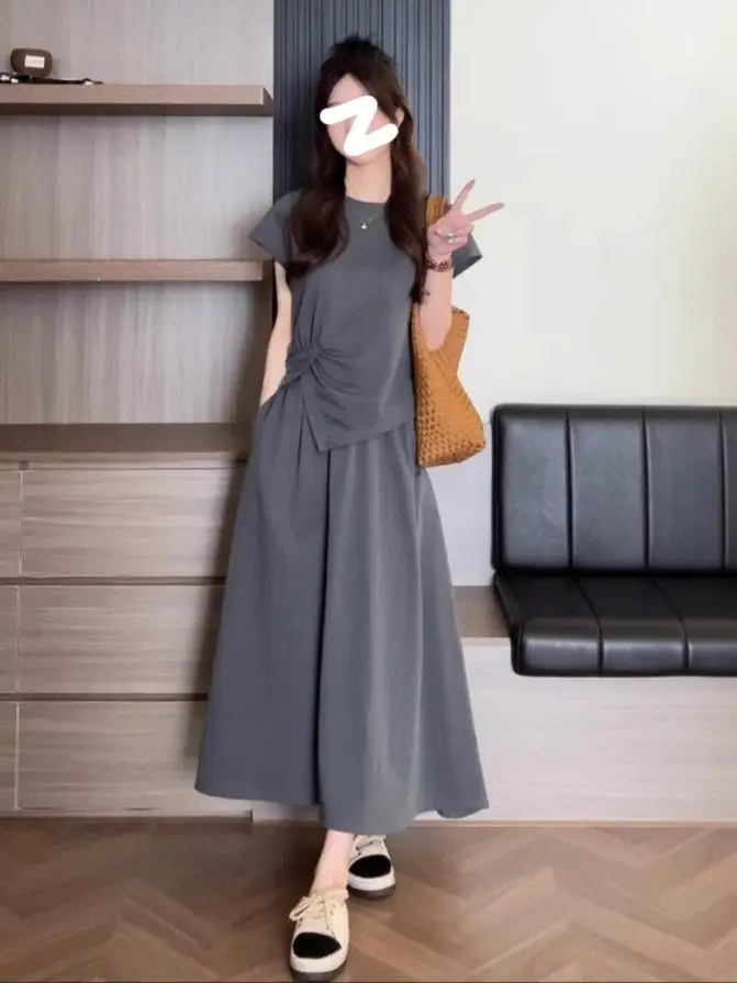 

plus Size Casual Sporty Short Sleeve Long T-Shirt Skirt Set for Young Women round Neck Pullover Summer Fashion plus Size