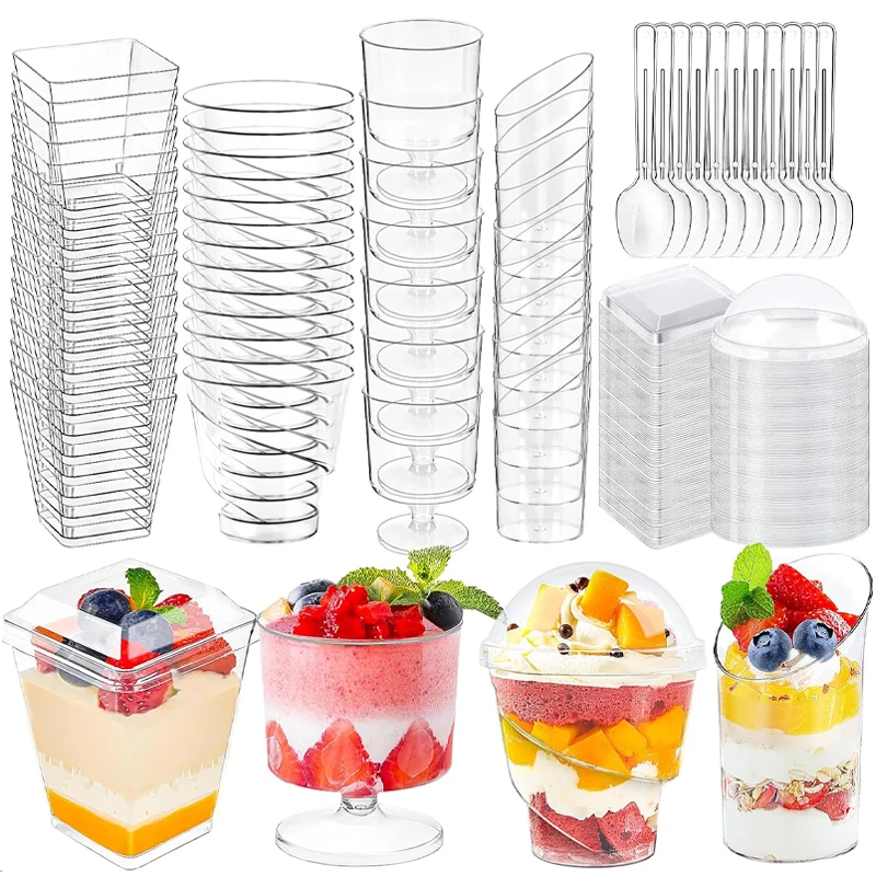 

20PCS Transparent Plastic Dessert Box Disposable Square Heart Star Circle Cup with Lids for Cake Mousse Ice Cream Party Packing
