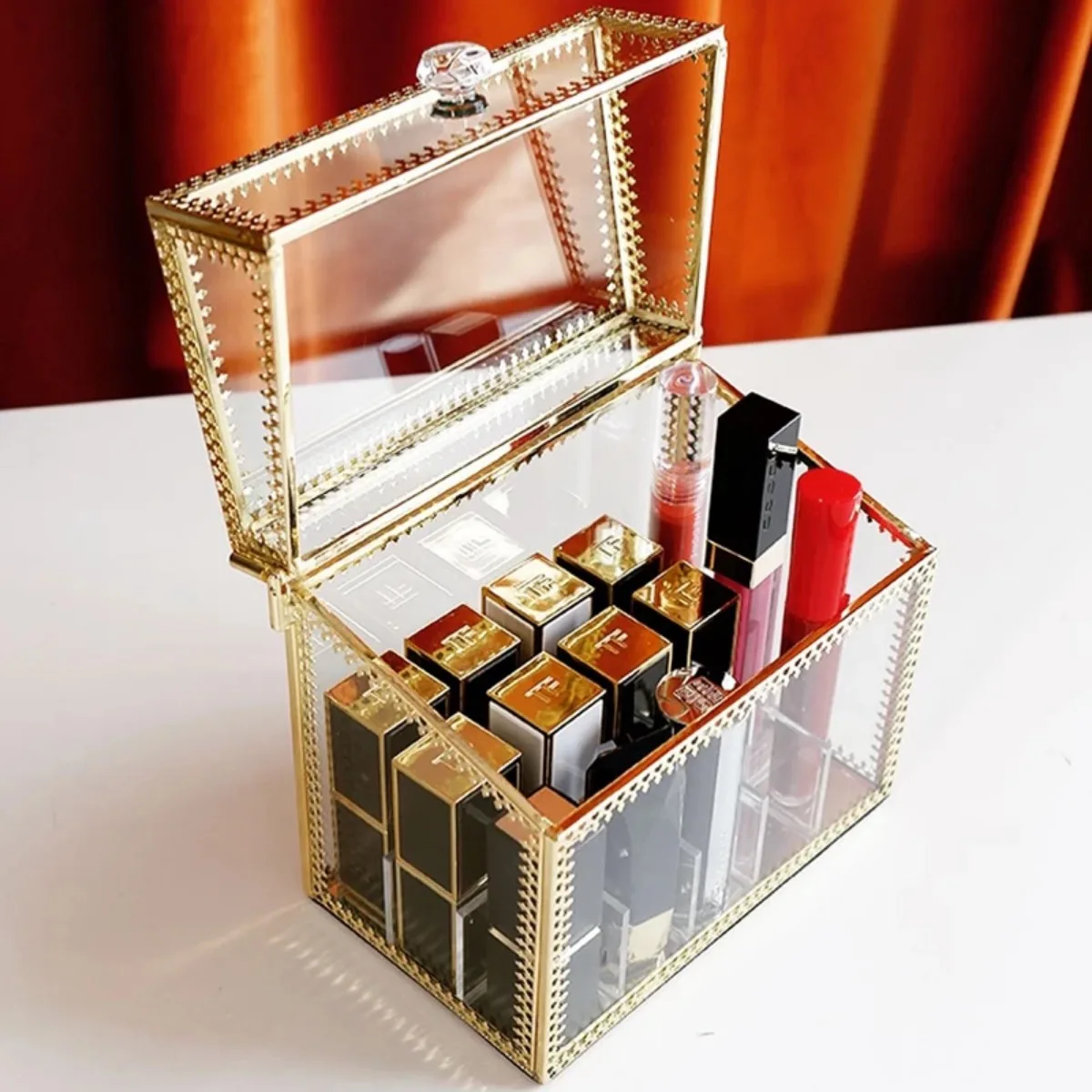 Women Golden Makeup Organizer Storage Box Glass Cosmetic Container Case for Lipstick Skin Care Nail Polish Perfume Display Stand