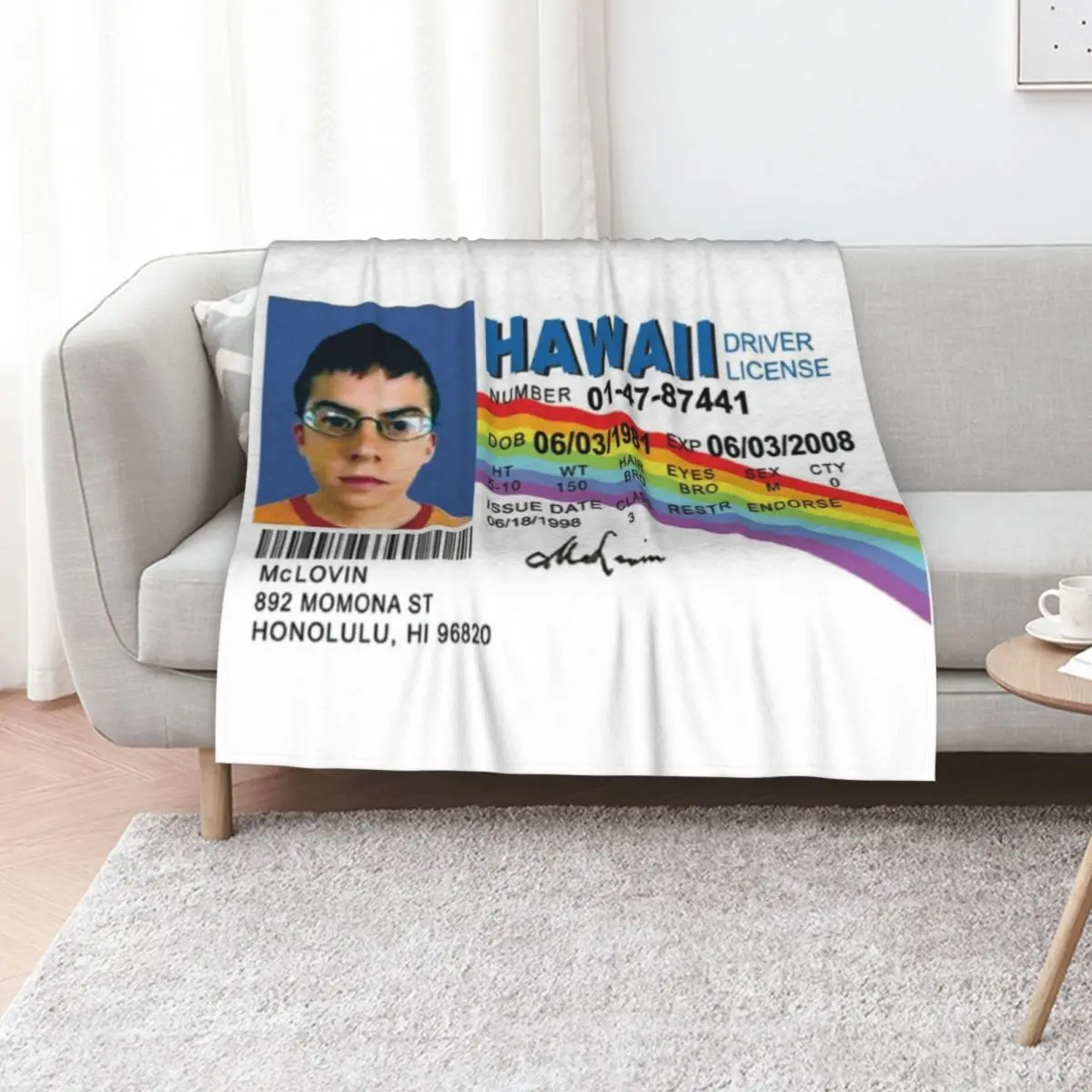 McLovin Fake ID Design Throw Blanket Sofa Picnic Luxury Thicken Soft Beds Luxury Designer Decorative Sofa Blankets