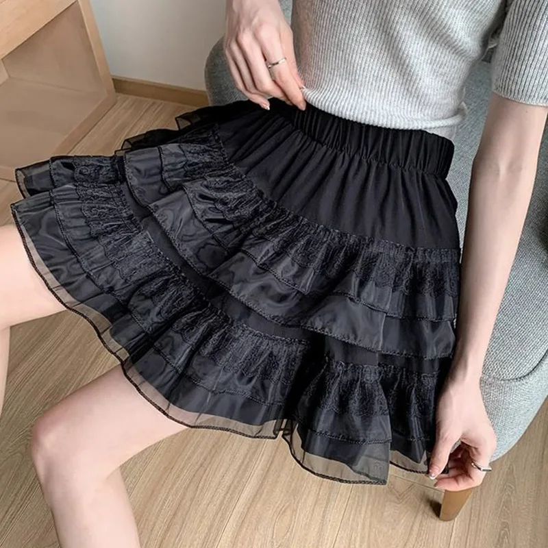 Korean Mesh Patchwork Cake Skirt Women Lace Layered Sweet High Waisted Skirt Preppy Style A Line Flared Summer Fashion Skirt
