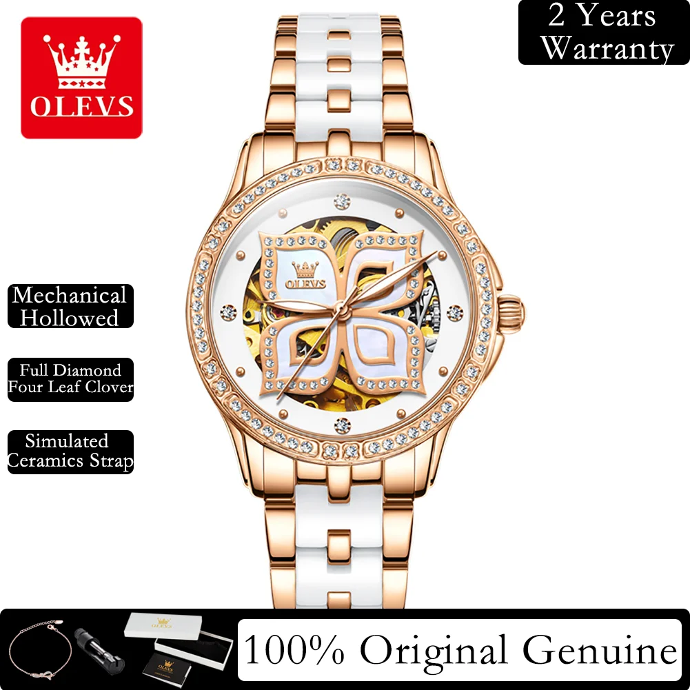 OLEVS Diamond Automatic Mechanical Watches for Women Elegant Ceramic Strap Hollow Four Leaf Clover Design Women Wristwatch 6612