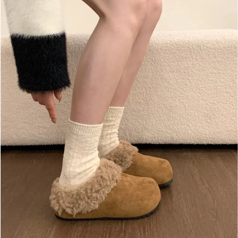 Women Winter Fur Trim Mules Suede Round Toe Flat Slip On Slippers Fleece Lined Outdoor Warm Casual Ladies Shoes