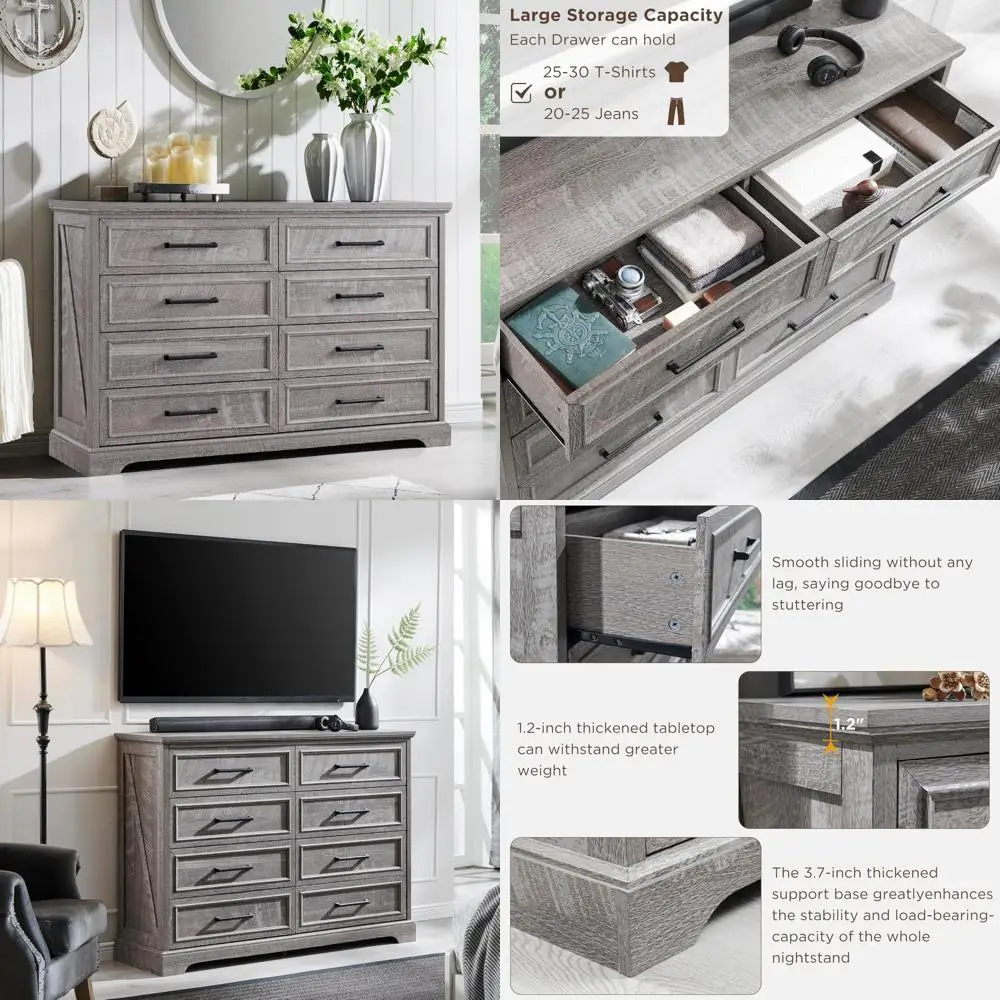 خزانة خشبية ريفية بعرض 52 بوصة على طراز المزرعة ذات 8 أدراج مع نسيج طبيعي ومقابض معدنية لتخزين غرفة النوم