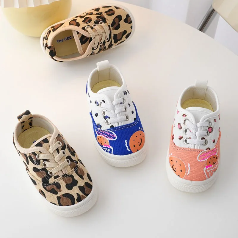 Autumn Children Canvas Shoes Boys Leopard Print Low-top Shoes Girls Fashion Casual Shoes Baby Soft Slip-in Kindergarten Sneaker