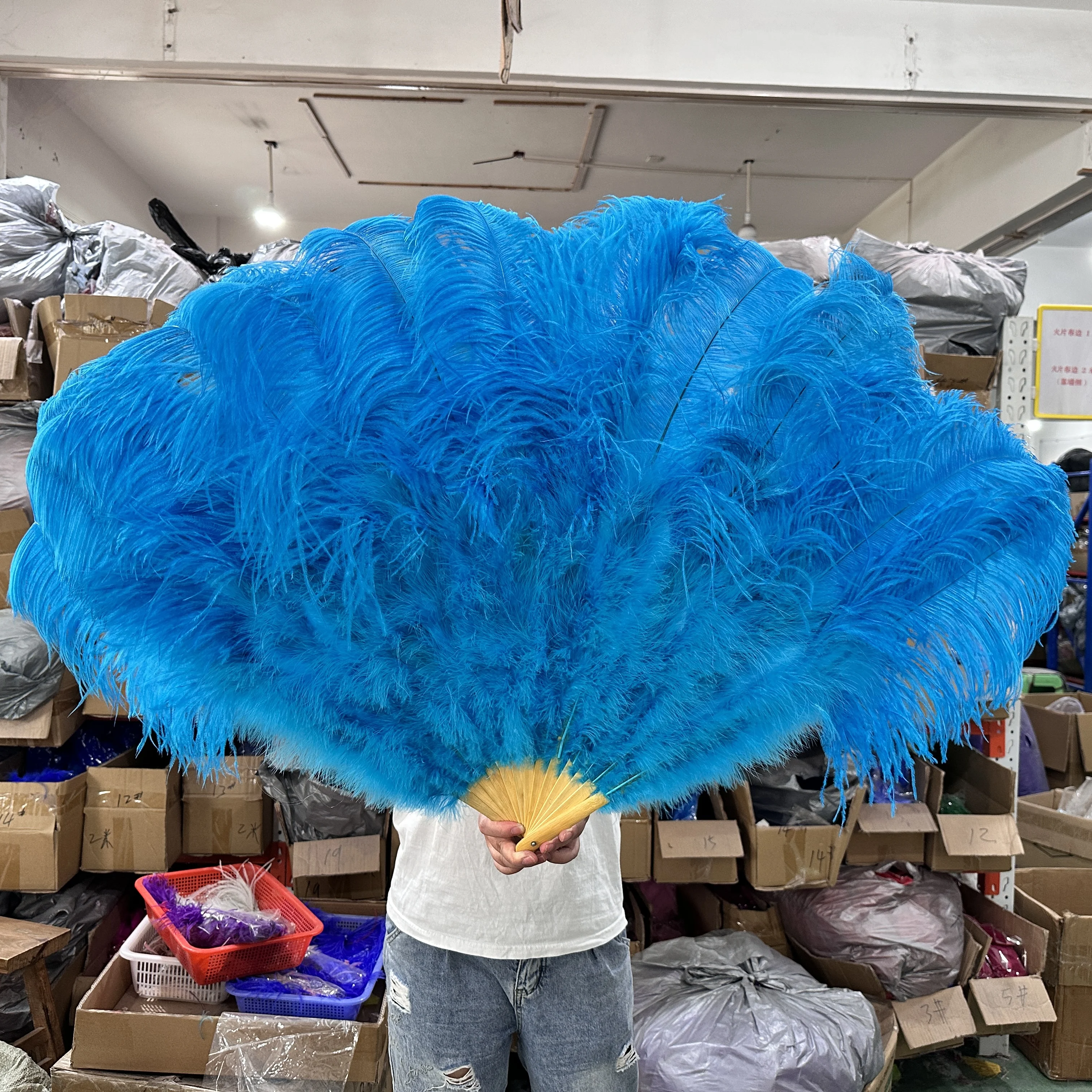 Lake Blue Fluffy Ostrich Feather Fans Large Performance Dance Folding Hand Held Fan Party Props Stage Show Fans High-Quality