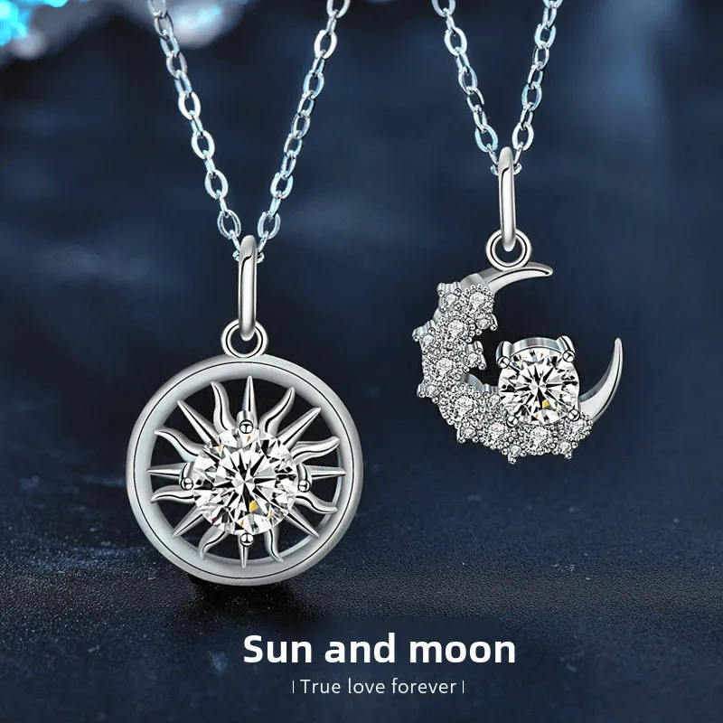 

Sun & Moon Couple Necklace Set: Matching 1CT D Color Moissanite Pendants, S925 Silver White Gold Plated Love Gift