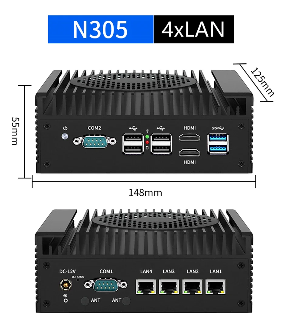 방화벽 미니 컴퓨터 소프트 라우터, 산업용 PC 효율적인 냉각, 12 세대 인텔 i3 N305 N100, 4x i226-V 2.5G DDR5 2 * COM 2 * HDMI