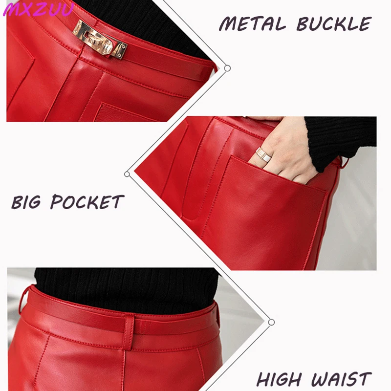 Leather Shorts Women\'s Hot Pants Casual Pantalon Corto Mujer Real Sheepskin Big Pockets Metal Buckle Belt Khaki/Orange Trousers