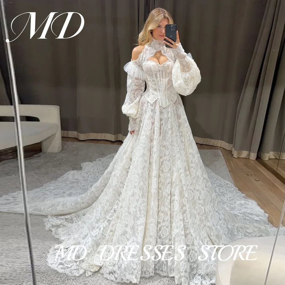 

MD Elegant A-line Lvory Wedding Dress Halter Illusion Puff Sleeves Bridal Gown Sweep Train Vestido De Noiva Customized 2025
