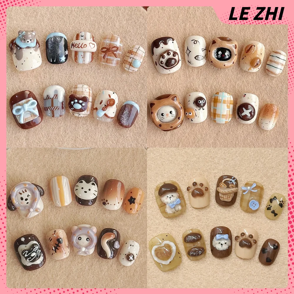

10Pcs Cartoon 3D Cat Dog Rabbit Bear Short Square Round Handmade Nail Party Sticker Bowknot Cat Paws Coffee Cake Press On Nails