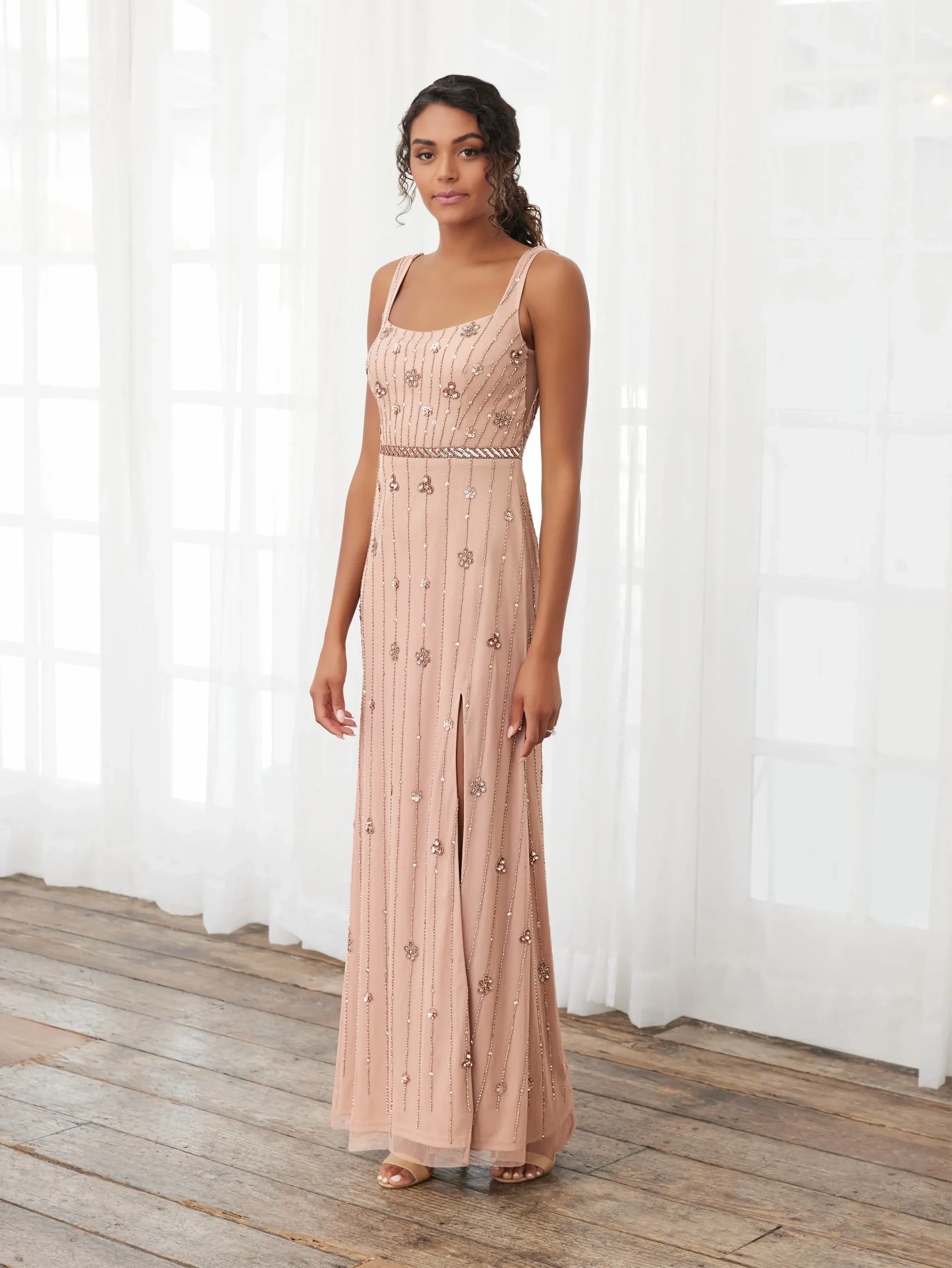 Square Neck Rose Gold Tulle Maxi Evening Dress Spaghetti Strap Open Front Slit Ankle-Length Mother Of Bride Dresses with Beading