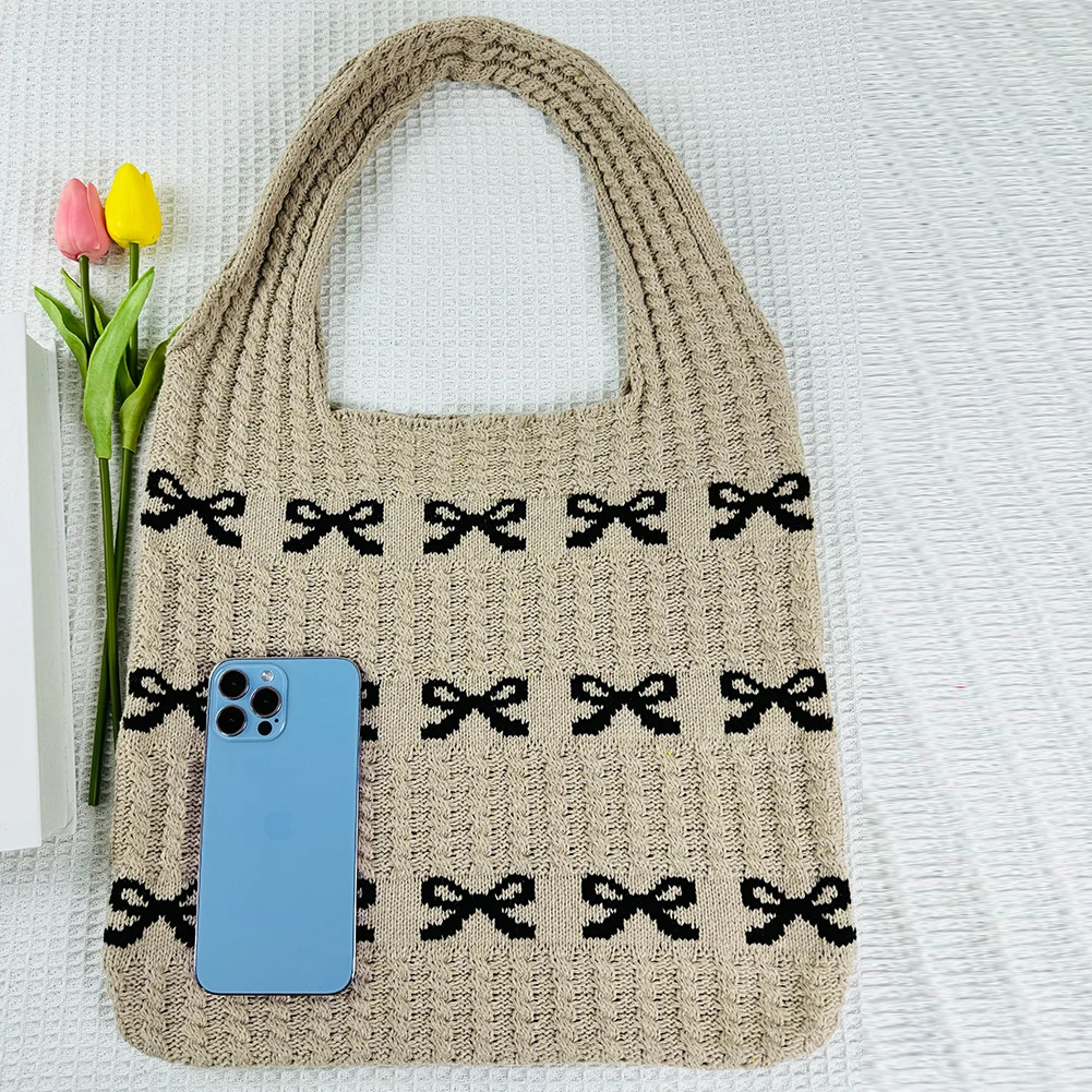 Knitted Handbags Large Capacity Bow Pattern Crochet Tote Bag Bow Pattern Crochet Tote Bag Multifunctional Knitted Shopping Bag