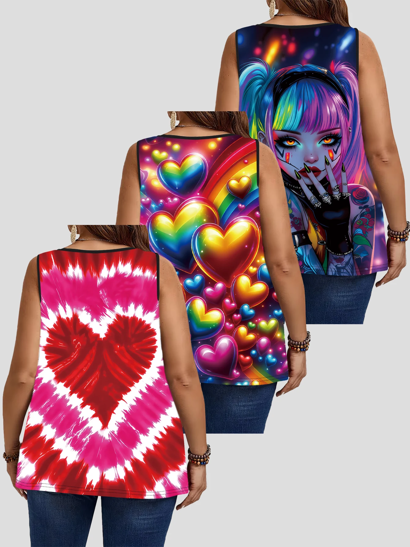 3-Piece Set of Plus-Size Sleeveless Vests｜Rainbow Heart Tie-Dye Trendy Girl Art Print Loose-Fitting Round-Neck Casual Outerwear Top